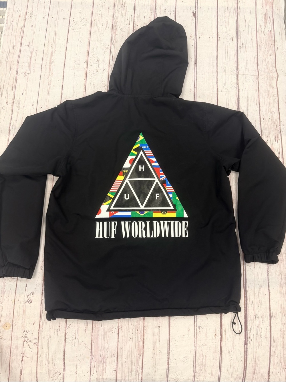 Huf Mens Small Worldwide Flags Windbreaker Nylon Jacket Surf Skate Kangaroo Pock